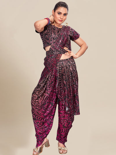 Chhabra 555 Pre-Draped Stitched Floral Digital Print Dhoti Saree with Sequin Embroidery and Belt