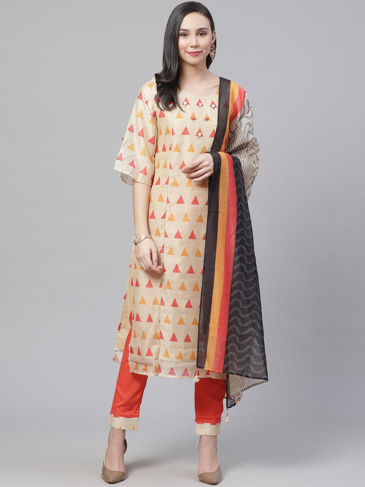 Chanderi Silk Stitched Suit with Digital Handloom & Indie Print with Maheshwari Dupatta