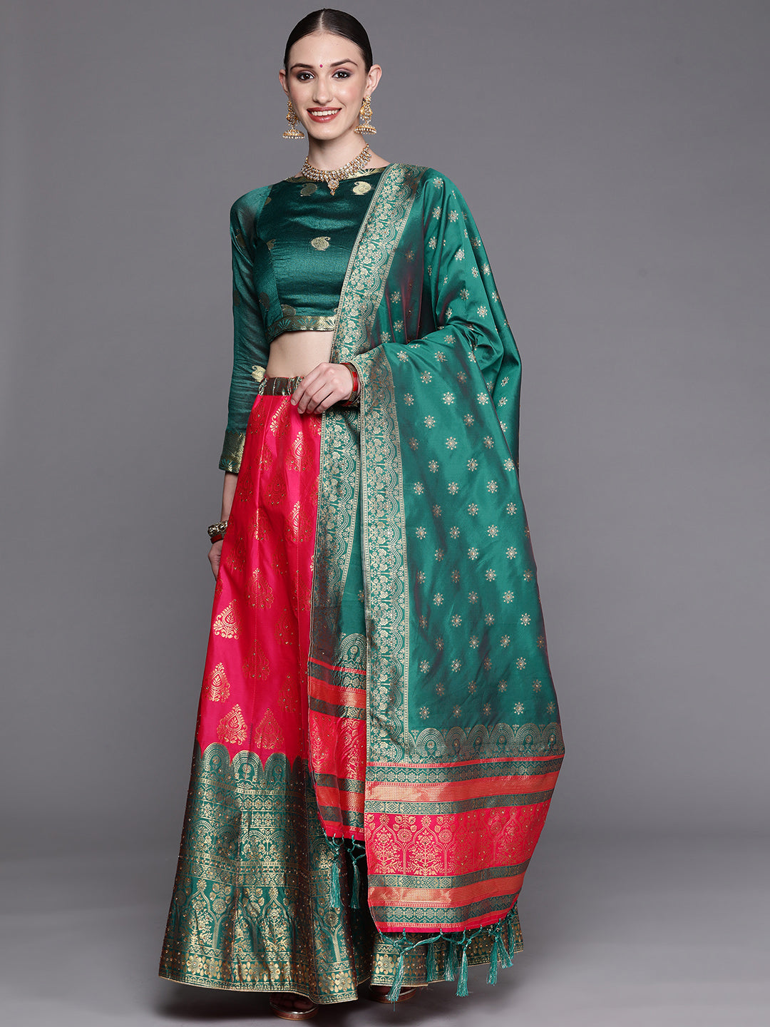 Chhabra 555 Semi-Stitched Magenta Gold Zari Woven Banarasi Brocade Lehenga Set with Ethnic Motifs 