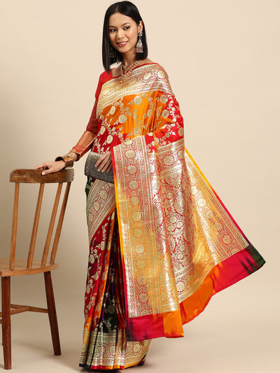 Chhabra 555 Bright MultiColor Floral Jaal Pattern Zari Embellished Kanjeewaram Handloom Bridal Saree
