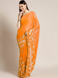 Orange Chiffon Hand-dyed  Bright Neon's Saree with Gold Foil Printed Floral Tulip Pattern