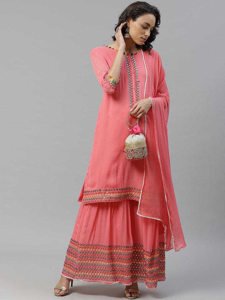 Made to Measure Georgette Coral Gota-Patti & Resham Work Kurta, stitched Sharara Set with Chiffon Dupatta