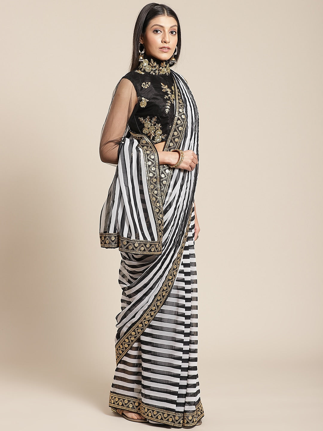 Black & White Georgette Striped Saree with Black Gold Aari and Sequence Work