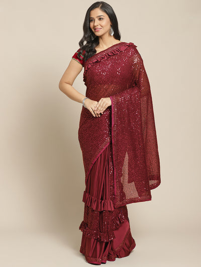 Chhabra 555 Wine Bling Lycra Ruffled Saree with Festive Layering & Sequence Sheet Embroidery 