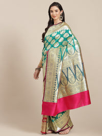 Chhabra 555 Purple Kanjeevaram Wedding Silk Saree With Traditional Zari Motifs & Contrast Pallu 

Color: Bottle Green 

Type: Kanjeevaram Sarees

Pattern: Woven Design

Pattern Type: Ethnic Motifs

Ornamentation: Zari

Border: Zari

Fabric: Silk Blend

Saree: 5.85 mtr., Width: 1.15 mtr, Blouse: 0.90 mtr
Dry Clean

The CAD image gives a detailed look of the actual blouse piece that comes with this saree. The blouse used by the model in the pictures is only for styling purpose.