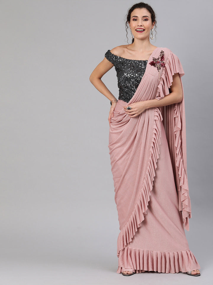 Rose Pink Ruffled Pre-Draped Shimmer Saree with Off Shoulder Sequined Blouse