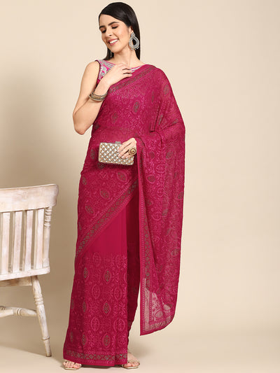 Chhabra 555 Magenta Floral Tonal Resham Embroidery & Crystal Embellished Georgette Cockiail Saree