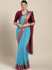 Chhabra 555 Turquoise Chanderi Silk saree with contrast Zari woven border