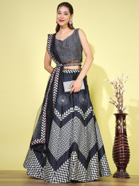 Chhabra 555 Chevron Geometric Digital Print Lehenga Choli with Mirror Embellishment, Belt & dupatta