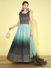 Chhabra 555 Green Ombre Foil Print Embellished Flared Gown with Accordian Pleats & Net Dupatta