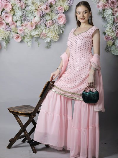 Chhabra 555 Made to Measure Pink Sequin Embroidered Georgette Kurta with Layered Sharara