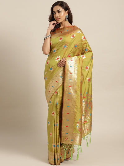 Chhabra 555 Green Banarasi Handloom Silk Saree with Floral Meenakari pattern and Jhalar