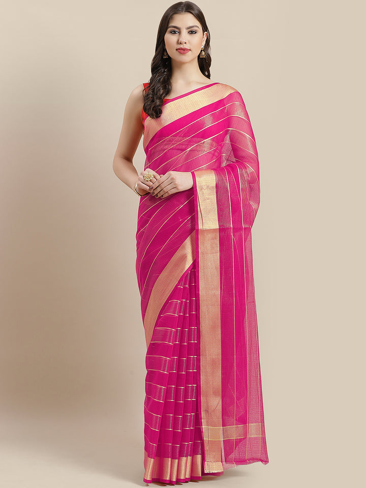 Chanderi Silk Kota saree with intricate Zari weaving in a striped pattern