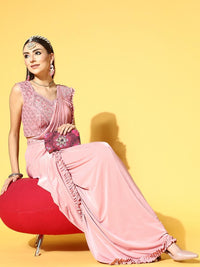 Chhabra 555 Pastel Pre-Draped Ruffled Ready to Wear Belted Saree with Pearl Embellishments
