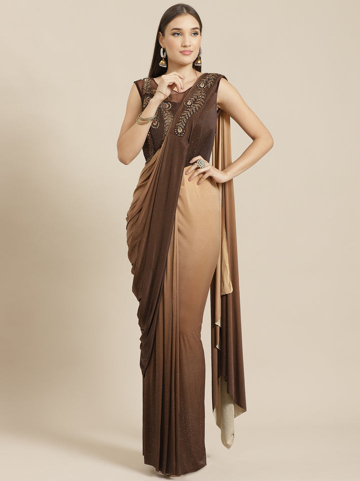 Ombre Ruffled Pre-stitched Bling Saree Gown with Embellished Festive Cowl Layering