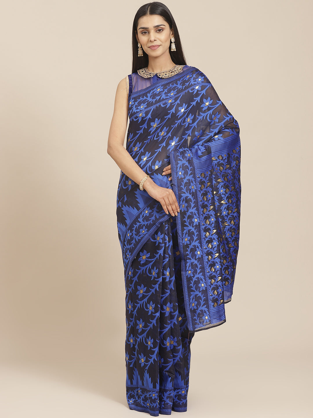 Handloom Chanderi Saree with Abstract woven pattern and Gold Zari weaving