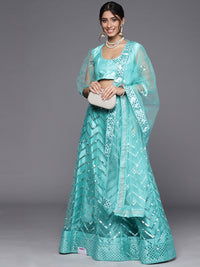 Chhabra 555 Turquoise Semi Stitched Embellished Net Cevron Lehenga Choli Set With Mirror Embroidery 