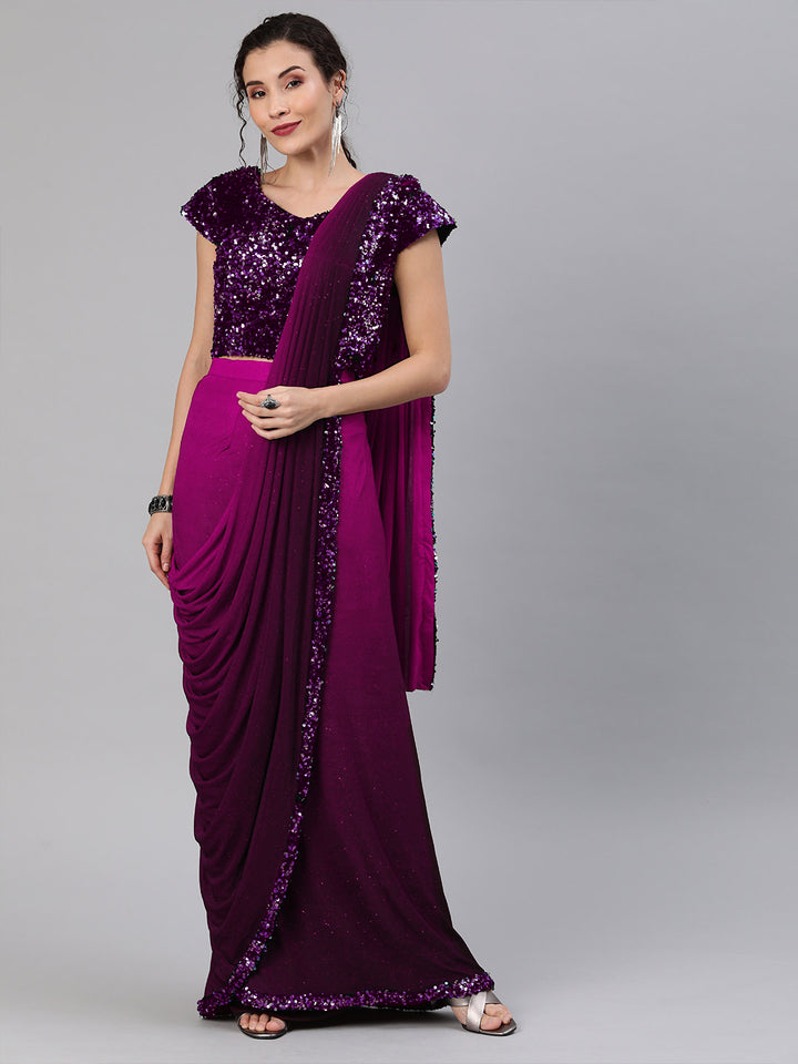 Purple Ruffled Pre-Stitched Draped Ombre Lycra Saree with Frills and Black Sequin Blouse