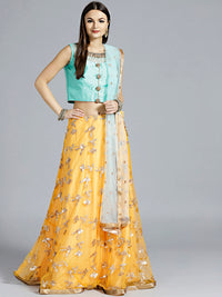 Chhabra 555 Mustard Yellow Contemporary Lehenga with sequin embroidery in floral patterns and contrast teal Dupatta and blouse with hand embroidery