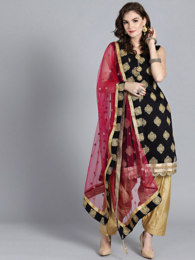 Chhabra 555 Black & Gold Art Silk Foil Printed Embellished Stitched Patiyala Kurta Set With Heavy Net Dupatta