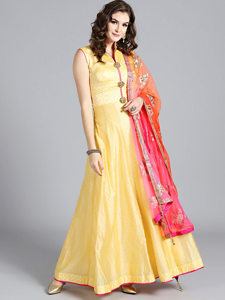 Chhabra 555 Lemon Green & Pink Art Silk Foil Print Embellished Stitched Anarkali Kurta Set With Heavy Net Dupatta