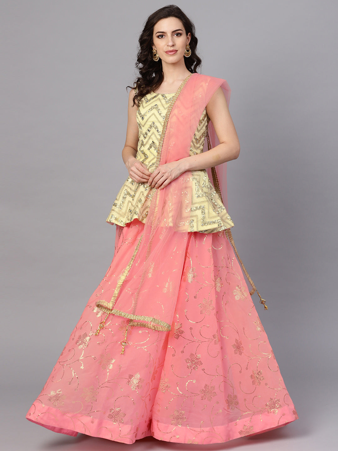 Chhabra 555 Made-to-measure Peach Gold Organza Lehanga With Foil Print, Mirror Work and Peplum Top