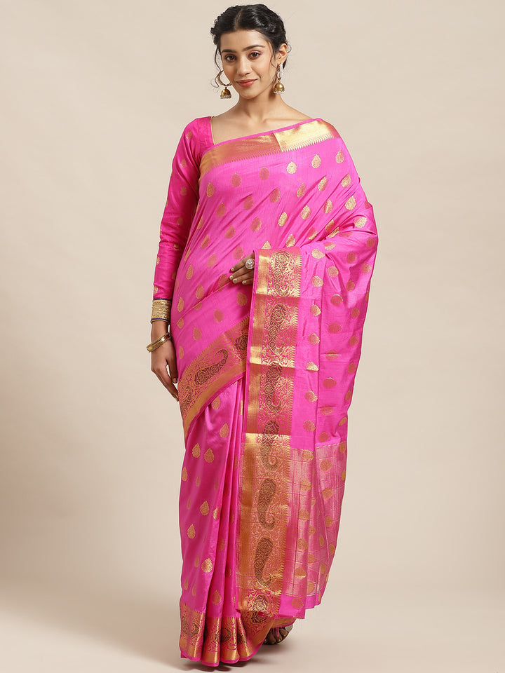 Banarasi Handloom Paisley Saree with Zari Woven Border and Heavy Rich Pallu