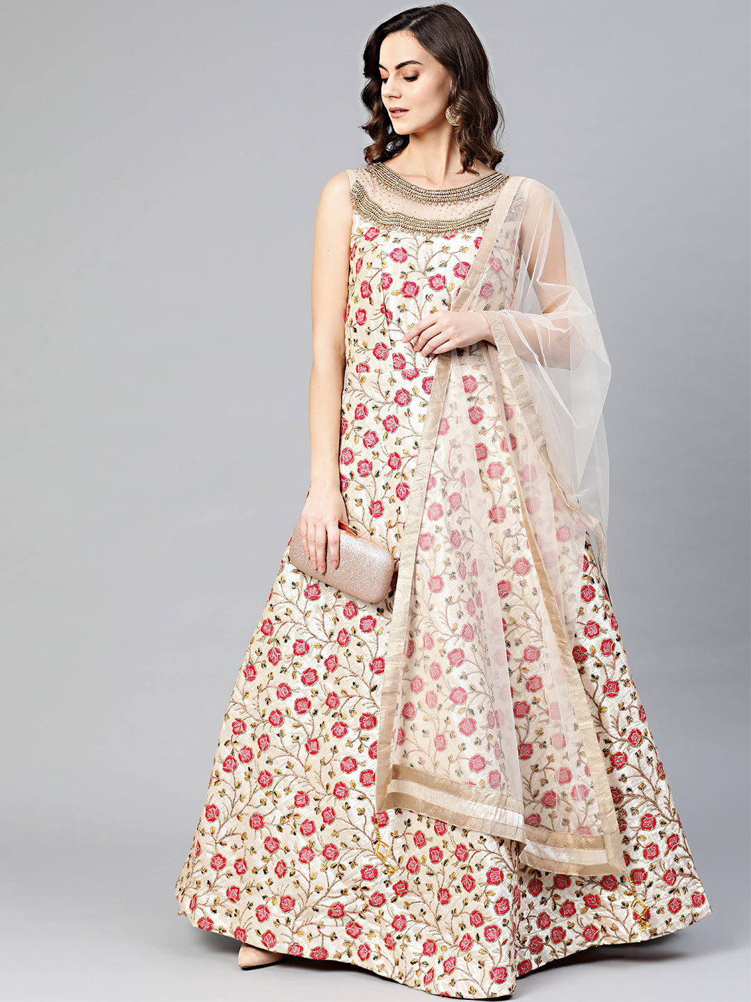 Chhabra 555 Made to Measure Silk Anarkali kurta Gown with Resham, Zari Embroidery in bright floral pattern and jeweled kundan neckline and matching dupatta