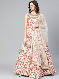 Chhabra 555 Made to Measure Silk Anarkali kurta Gown with Resham, Zari Embroidery in bright floral pattern and jeweled kundan neckline and matching dupatta