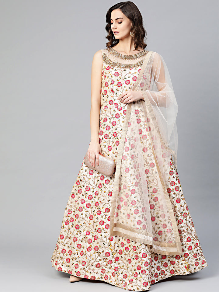 Chhabra 555 Made to Measure Silk Anarkali kurta Gown with Resham, Zari Embroidery in bright floral pattern and jeweled kundan neckline and matching dupatta