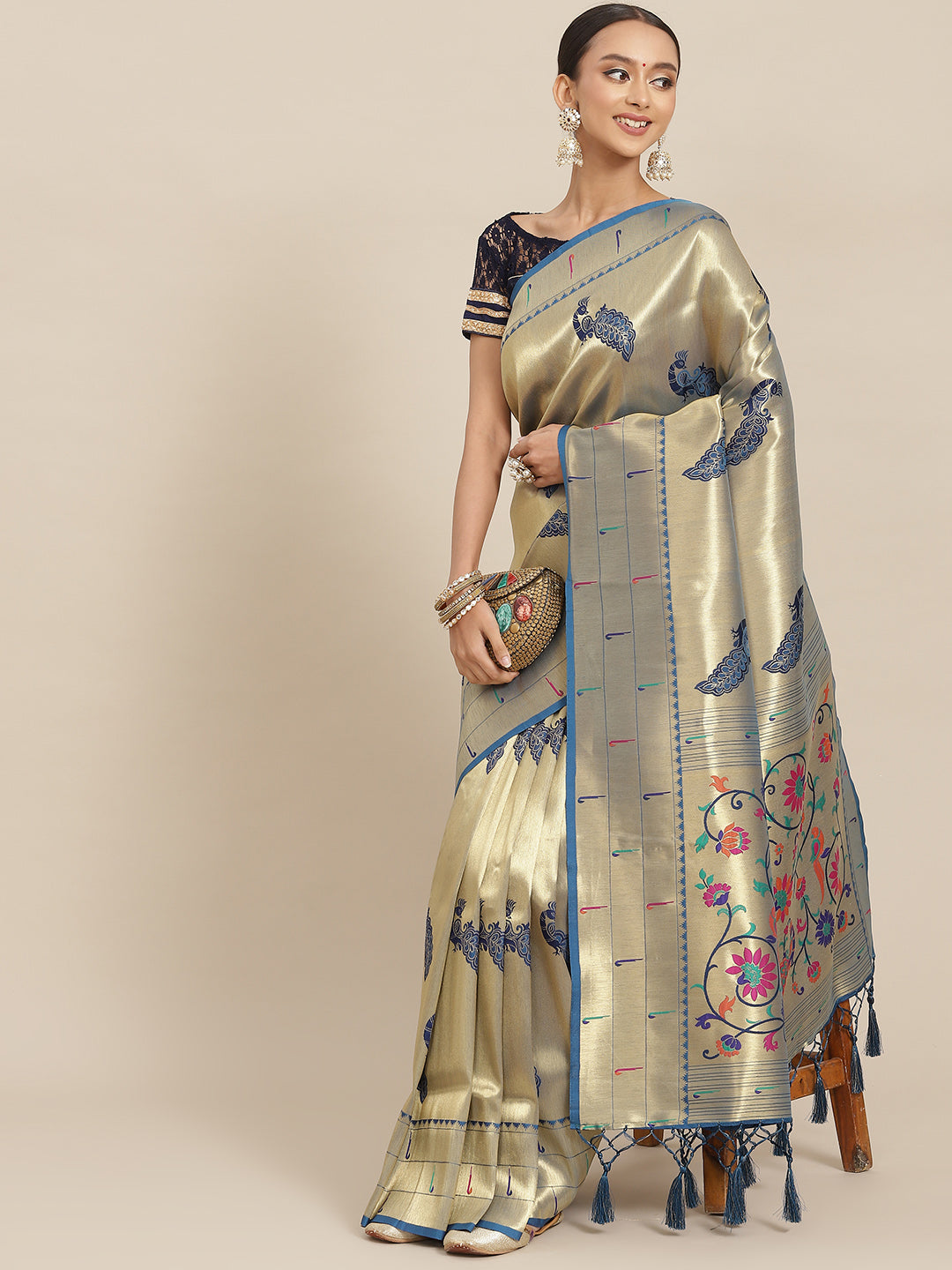 Chhabra 555 Gold Zari Handwoven Paithani Silk Handloom Saree with Meenakari Peacock Motifs 