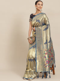 Chhabra 555 Gold Zari Handwoven Paithani Silk Handloom Saree with Meenakari Peacock Motifs 