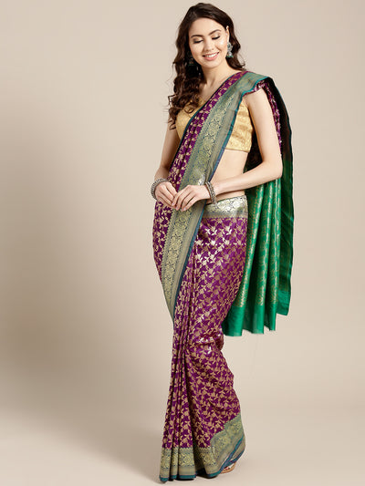 Chhabra 555 Purple Banarasi Handloom Silk Saree with Botanical Meenakari pattern
