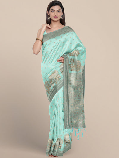 Chhabra 555 Turquoise Zari Woven Embroidered Silk Blend Banarasi Saree