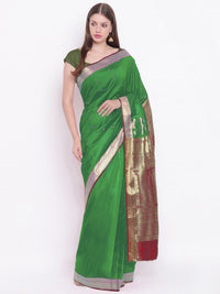 Chhabra 555 Green Red Banarasi Silk Saree with Contrast Green Zari Border