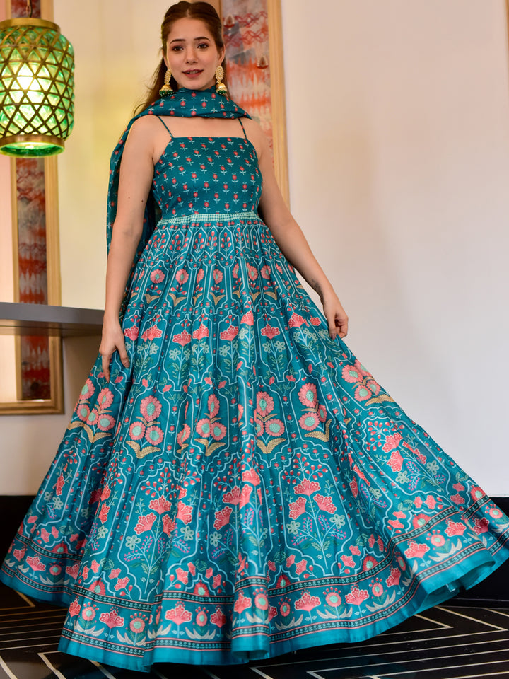 Teal Blue Bright Floral Digital Print Kalidar Long Gown With Dupatta