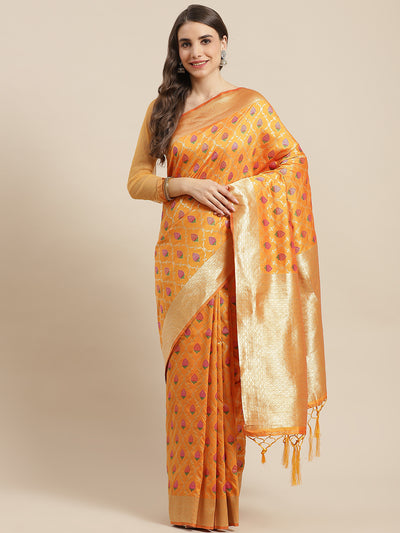 Chhabra 555 Orange Silk Meenakari Banarasi Saree Embellished With Resham Weaving & Ethnic Motifs 

Color: Mustard

Type: Banarasi Sarees

Pattern: Embroidered

Pattern Type: Ethnic Motifs

Ornamentation: Zari

Border: Woven Design

Fabric: Art Silk

Saree length: 5.50 mtr., Width: 1.10 mtr, Blouse length: 0.70 mtr
Dry Clean

The CAD image gives a detailed look of the actual blouse piece that comes with this saree. The blouse used by the model in the pictures is only for styling purpose.