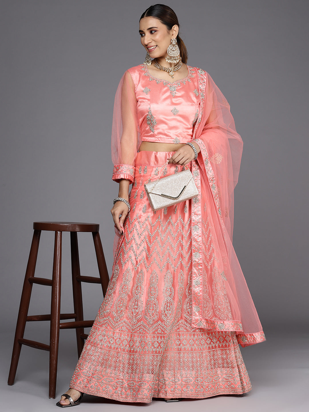 Chhabra 555 Semi-stitched Silver Zari Embroidered & Stone Embellished Cocktail Bling Net Lehenga Set