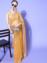Chhabra 555 Mustard Haldi BGlittery Bling Net Saree with Chantilly Lace Embellished Border 