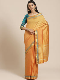 Mustard Narayan Peth Handloom Chanderi Saree with Temple Gold Zari & Resham Weaving