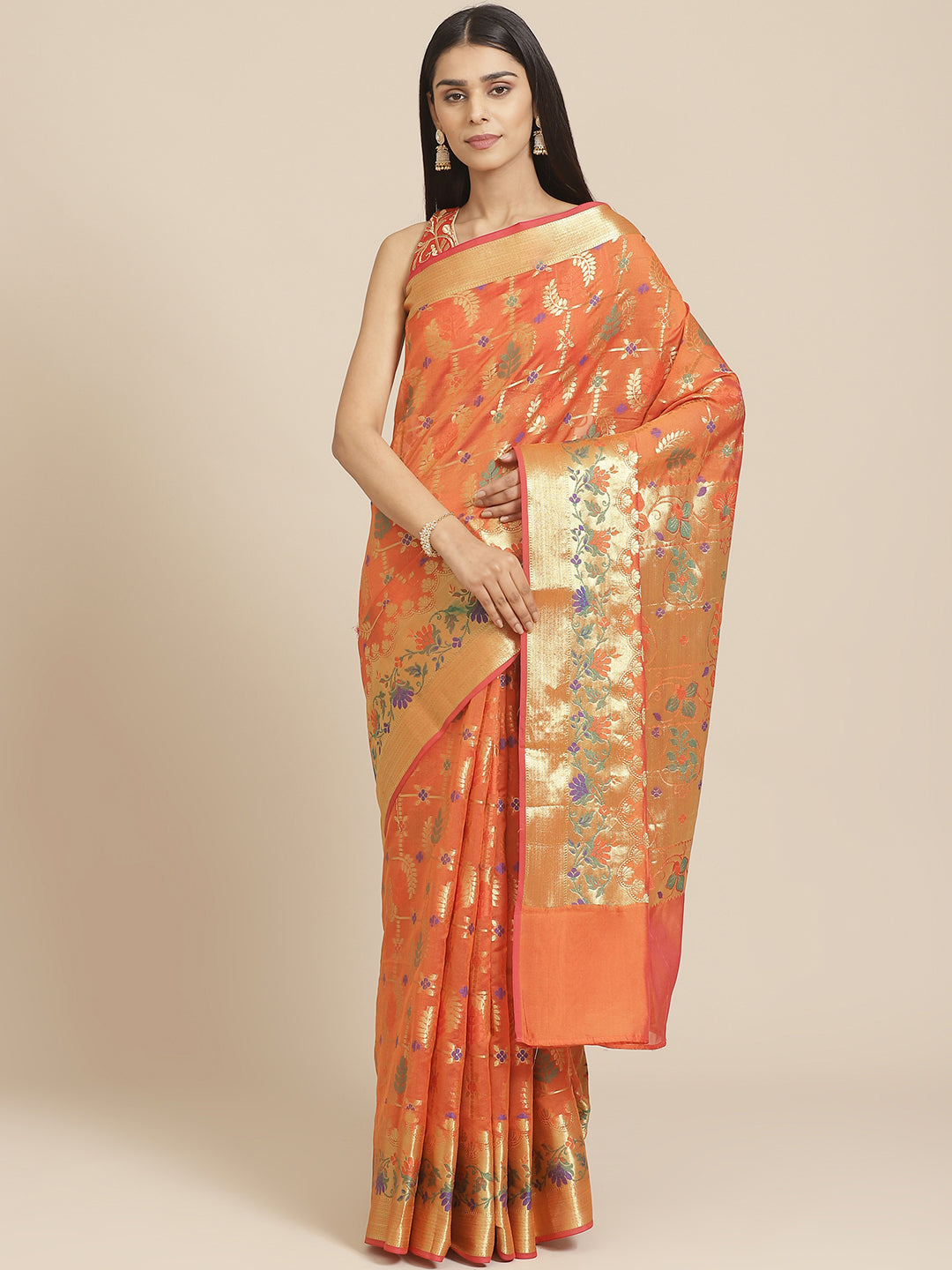 Banarasi Chanderi Saree with Gold Zari & Resham Artistic Motifs & Floral Woven border
