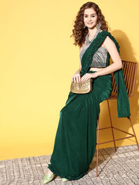 Chhabra 555 Bottle Green Ready To Wear Lycra Saree with Pearl, Sequin Embroidered Halter Neck Blouse