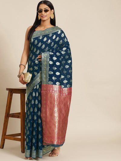 Chhabra 555 Blue Silk Blend Banarasi Woven Saree With Contrast Border
