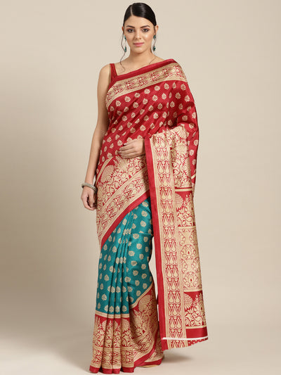 Chhabra 555 Patola Silk Printed Half-and-half saree with Zari Meenakari floral pattern
