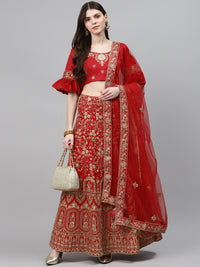 Red Bridal Semi-stitched Lehenga Set with Mughal Motif Embroidery & Crystal Embellished
