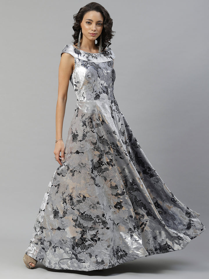 Metallic Silver  Grey Micro Velvet Satin Silk Cocktail Gown With Floral Motifs