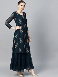 Chhabra 555 Navy Blue Georgette Made-to-Measure Kurta Set with Floral Foil Print and Sharara