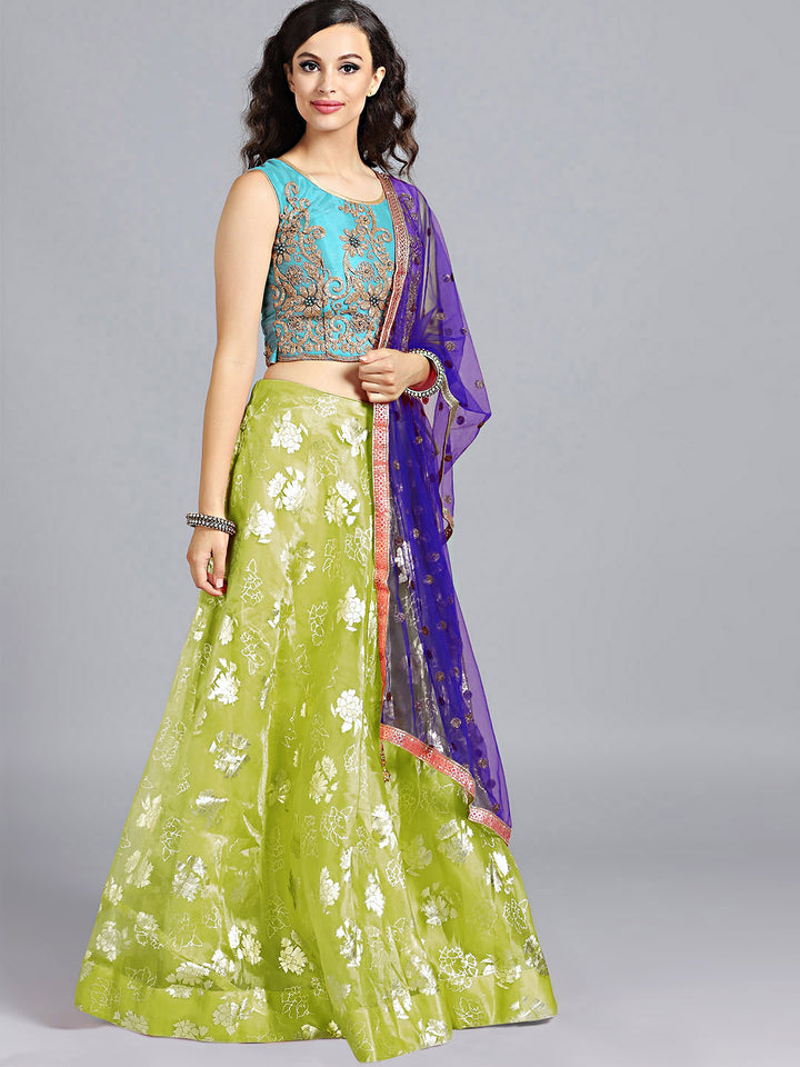 Blue & Green Foil Printed Tissue Hand Embroidered Lehenga Choli With Embroidered Dupatta