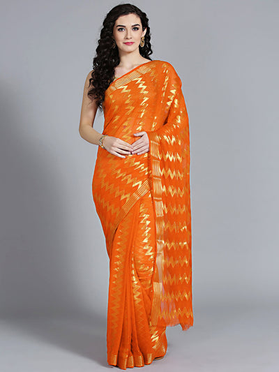 Chhabra 555 Khaddi Mysore georgette Orannge saree with geometric weaved patterns