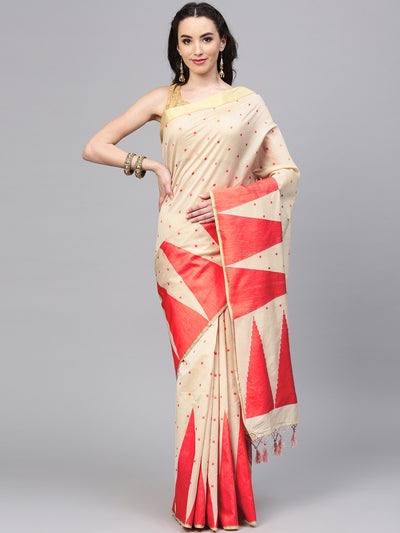 Chhabra 555 Beige Red Banarasi Silk saree with handloom woven temple pattern